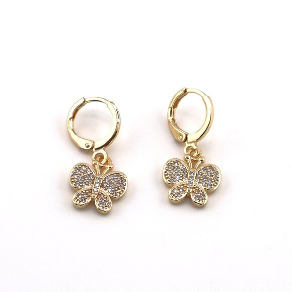 Women's 14K Gold-Plated‎ CZ Studs Stones Butterfly setting Earrings - Picture 1 of 10